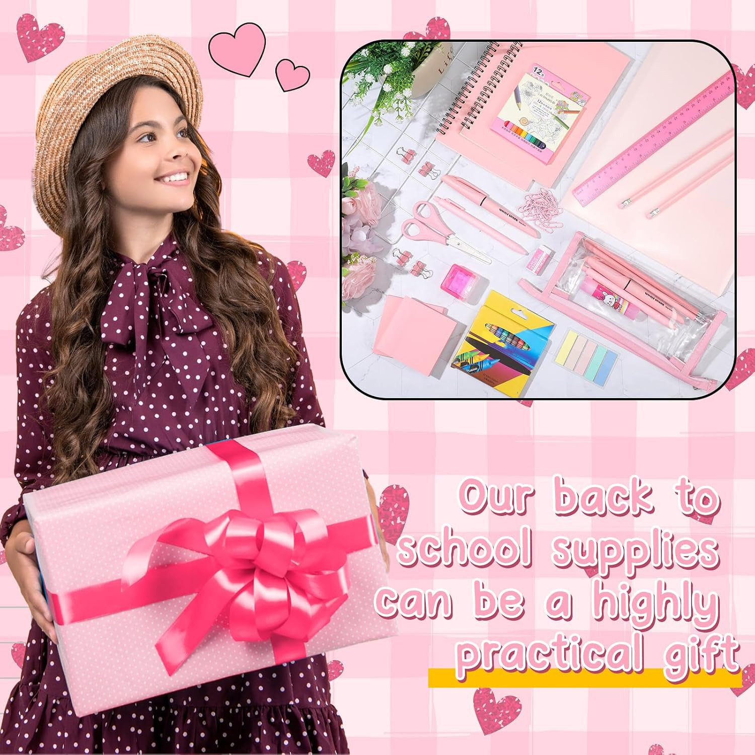 48 Pcs Pink School Supplies with Cute Pen Case Back to School Stationery Set Inc