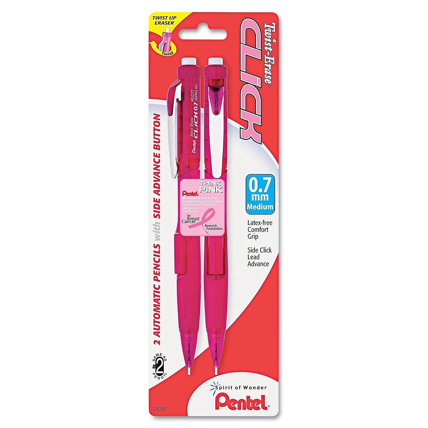 Pentel Twist Erase Click Mechanical Pencil 2 Pack Pink 0.7mm Latex Free Grip