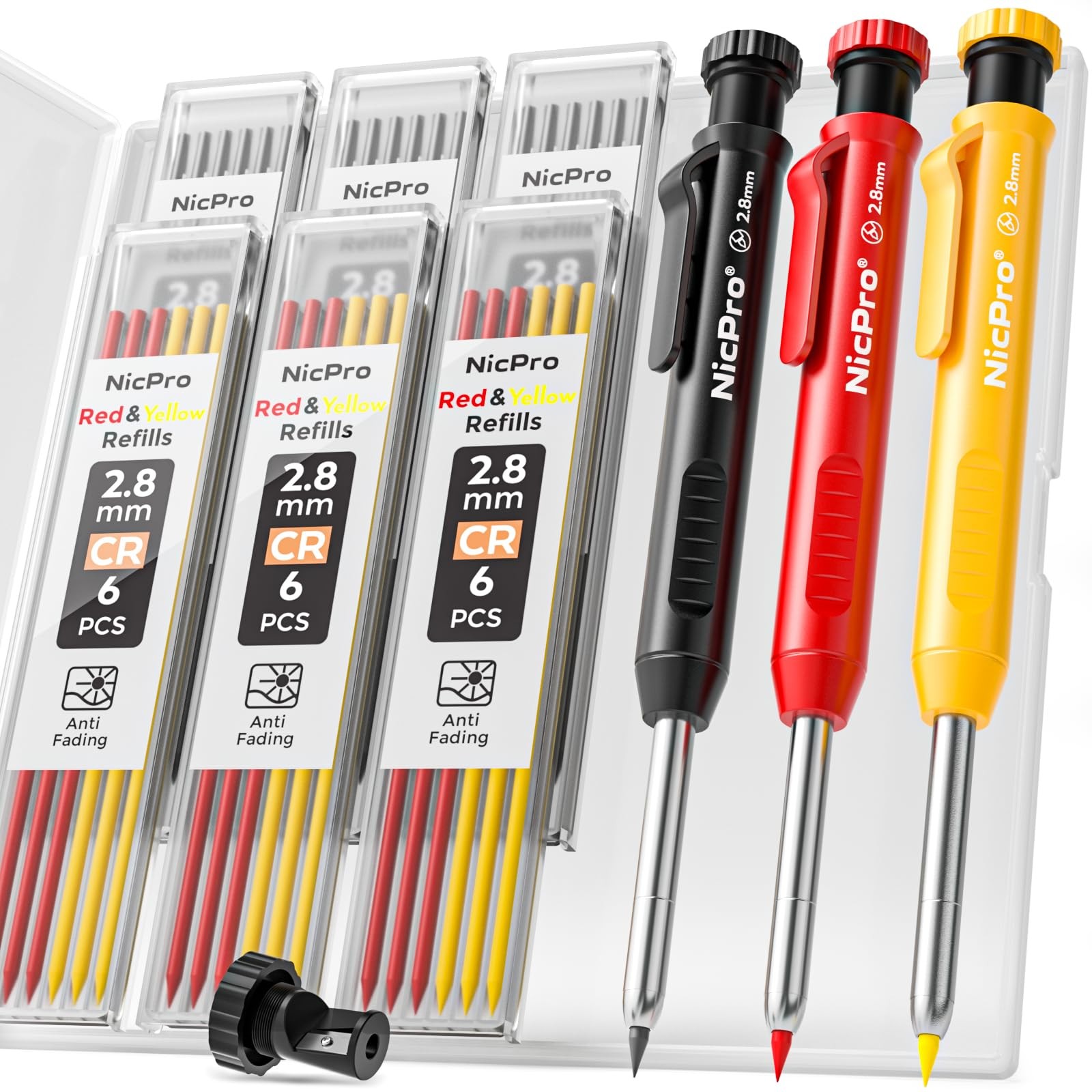 Nicpro 3 Pack Carpenter Pencil with Sharpener, 3 Pack, Black,Red,Yellow