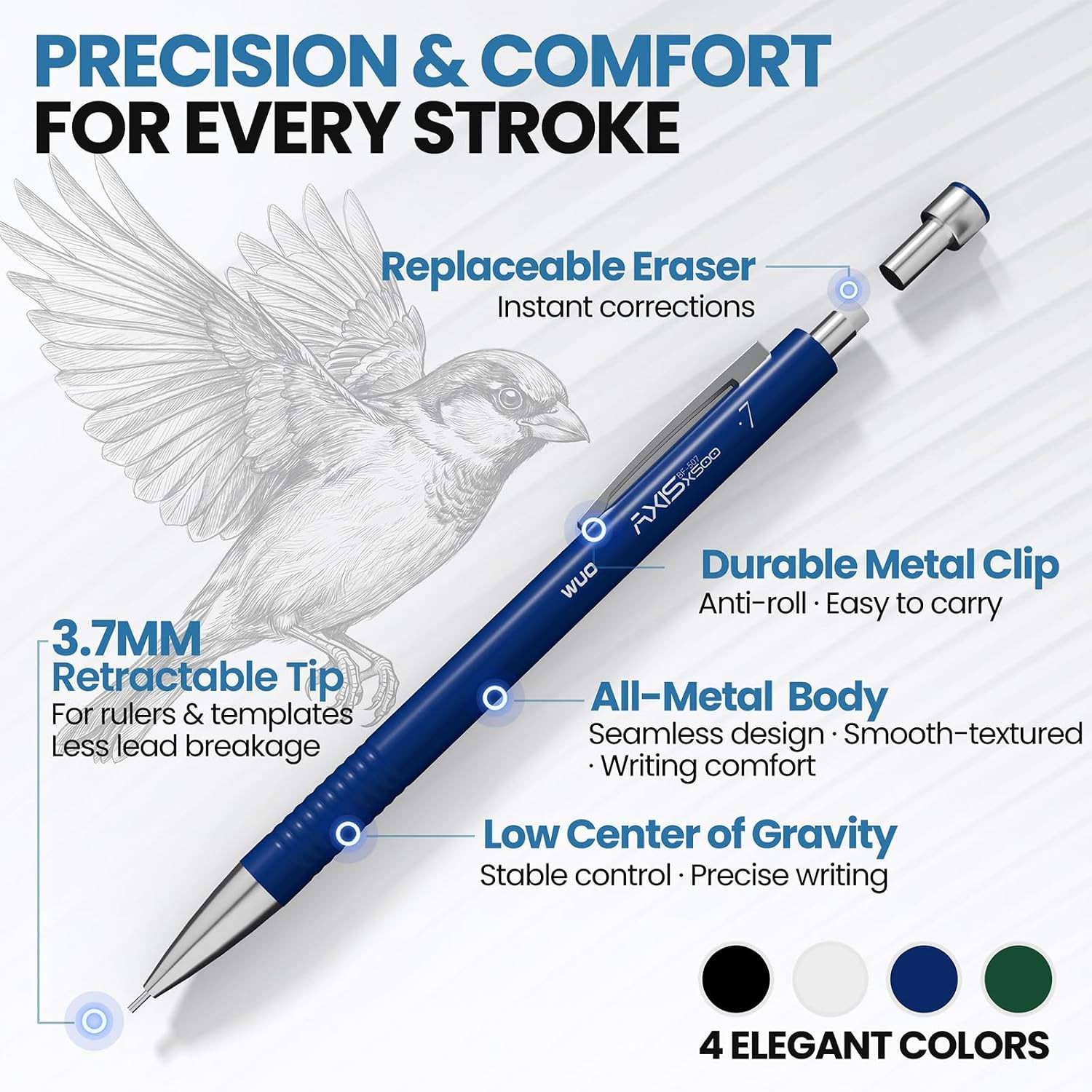 0.7Mm Mechanical Pencil Set with Case, 4PCS Metal Mechanical Pencils with Eraser