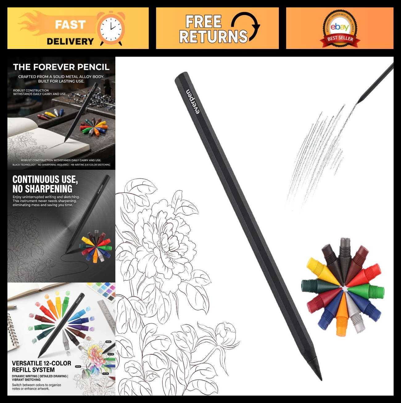 Metal Alloy Forever Pencil with 12 Colored Refill Tips – No Sharpening, Ideal fo