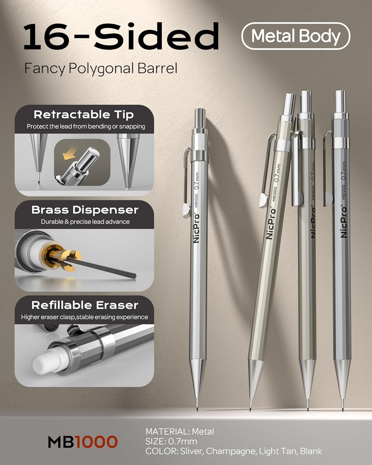 Nicpro 4 Pack Mechanical Pencil 0.7mm with Case, MB1000 Metal Mechanical Pencil
