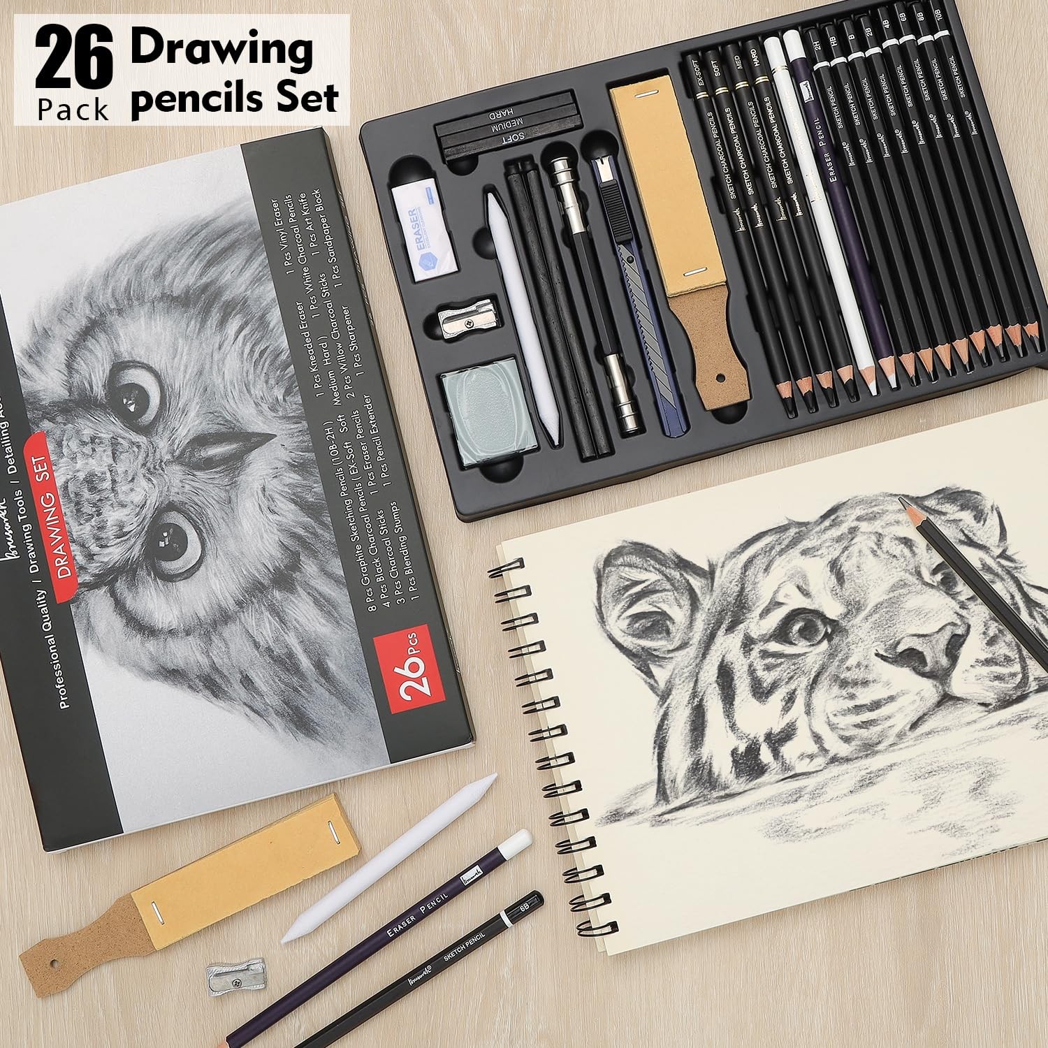 Brusarth Charcoal Pencils for Drawing, Set of 26, Professional Black & White