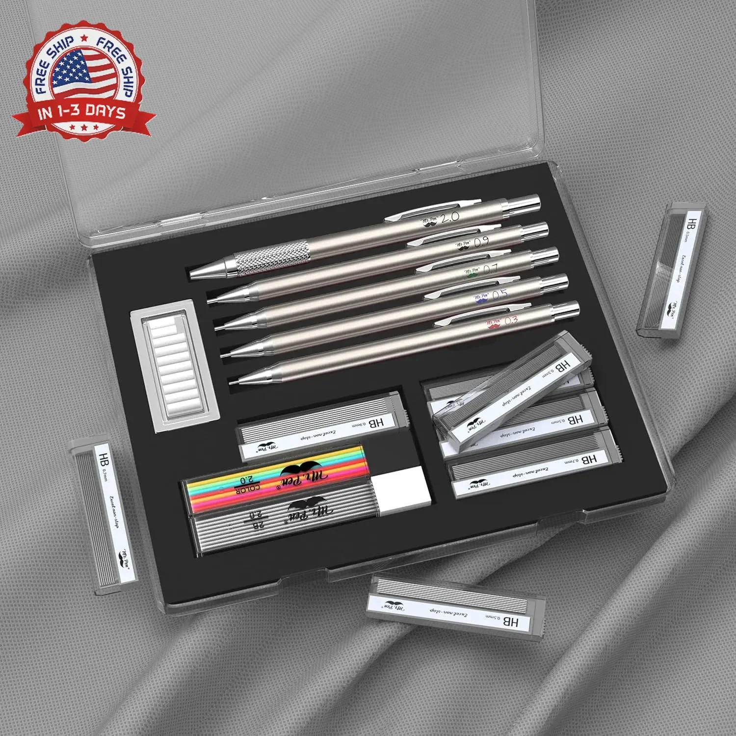 Mr. Pen- Metal Mechanical Pencil Set with Lead and Eraser Refills, 5 Sizes, 0.3,