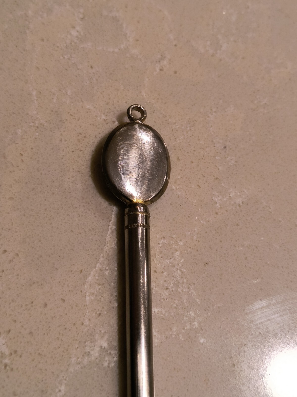 Mini mechanical pencil pendant designed to hold photo. 3″ Long. Nichel Chrome.