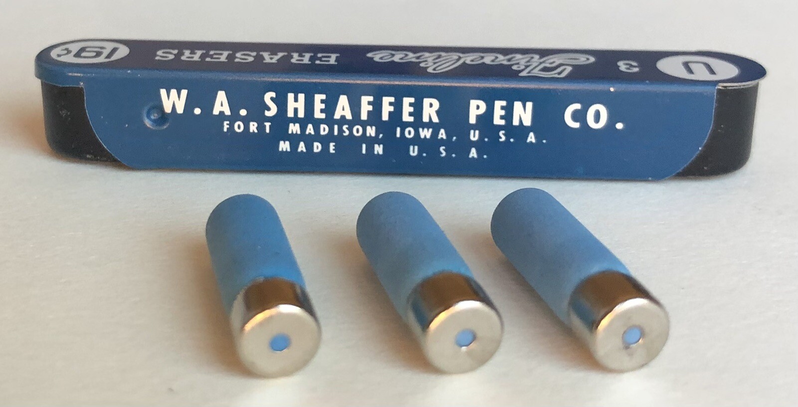 Vintage SHEAFFER Fineline U Mechanical Pencil Erasers Blue NOS 3pk Metal Tin USA