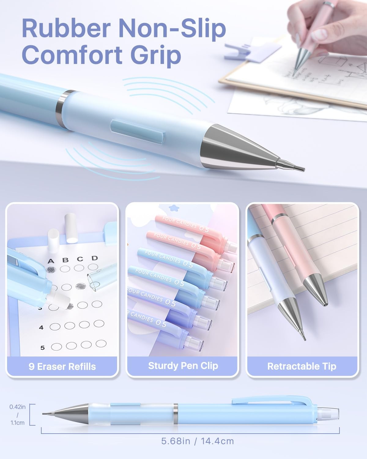 6 PCS 0.5 mm Mechanical Pencil Set with 360 Lead Refills 3 Pastel Erasers