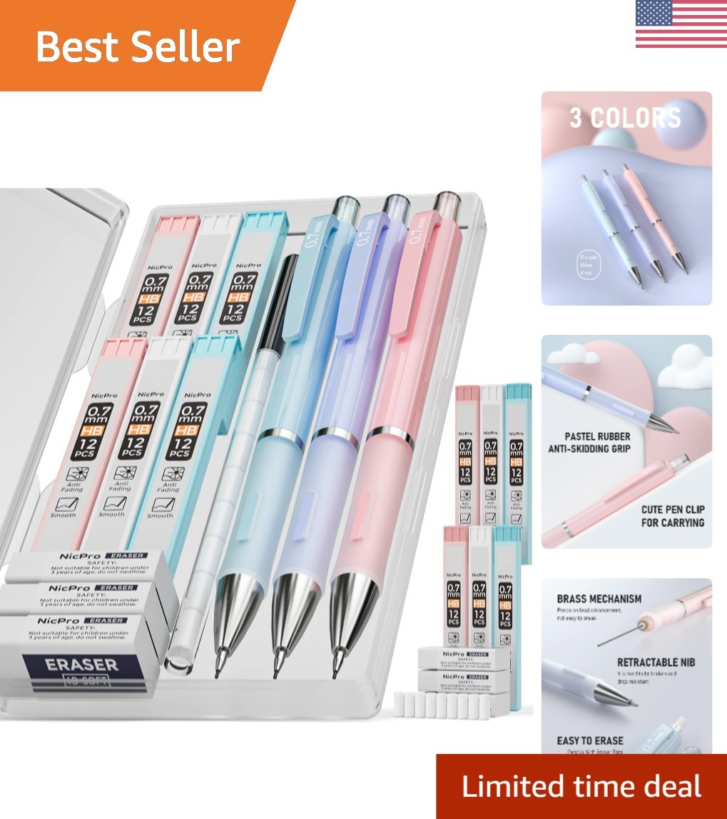 3PCS Cute Mechanical Pencil Set with Case for Students – 0.7mm Lead & Erasers