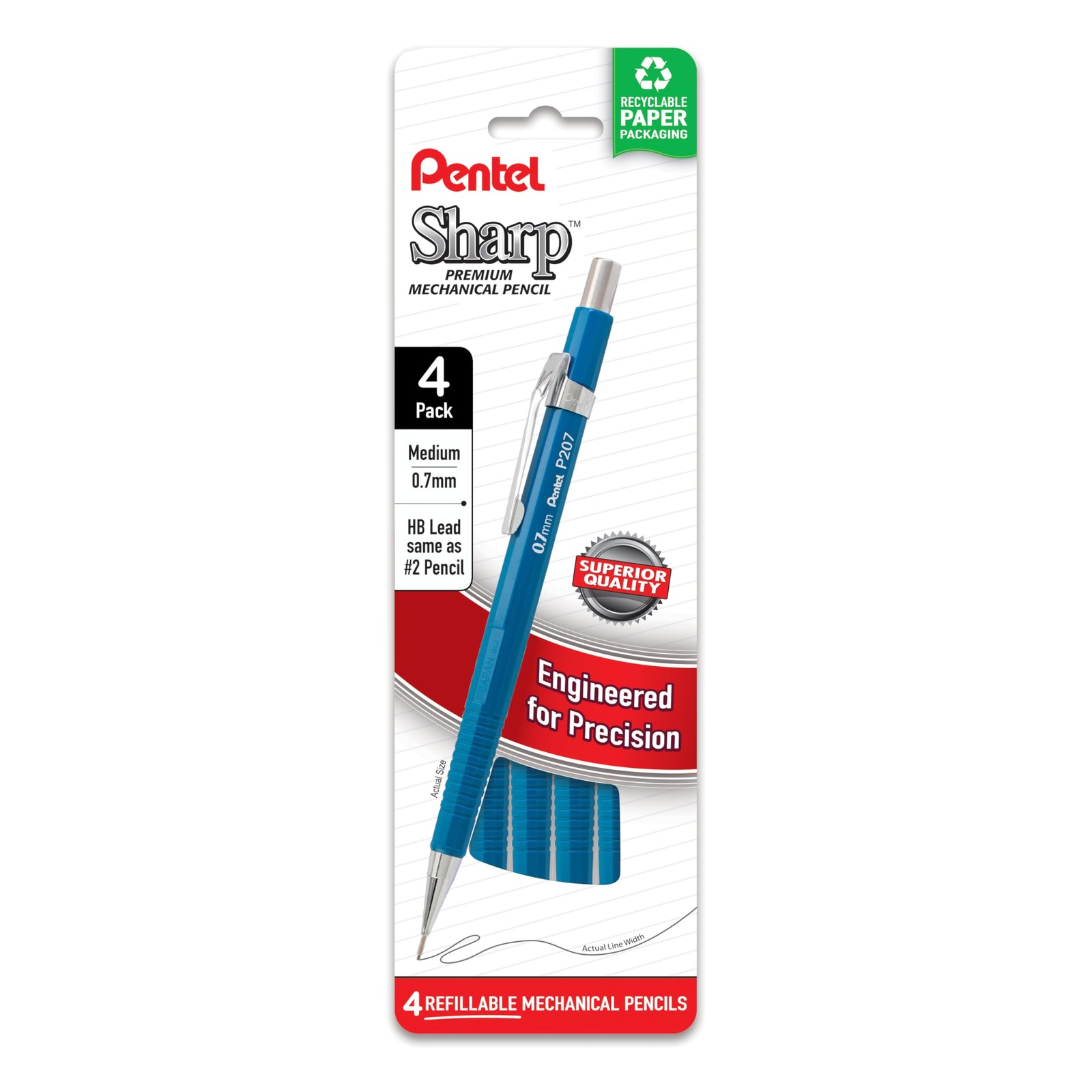 Pentel Sharp Mechanical Pencil, (0.7mm), Medium 4 Count (Pack of 1), Blue