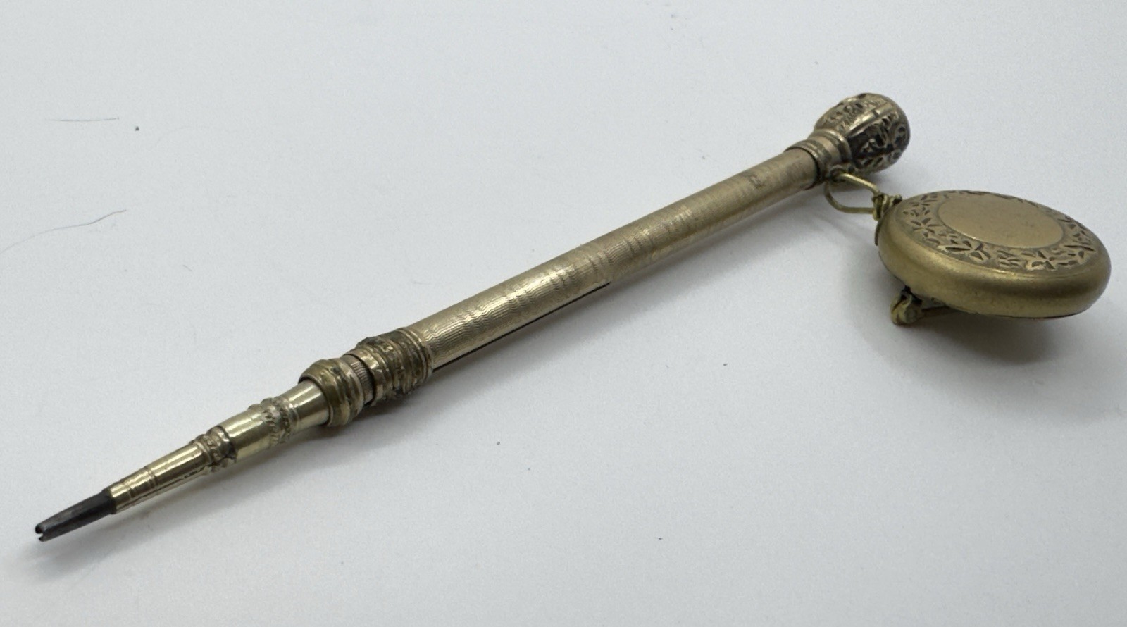 Victorian Telescoping Mechanical Pencil, Floral Repoussé, Retractable Chain
