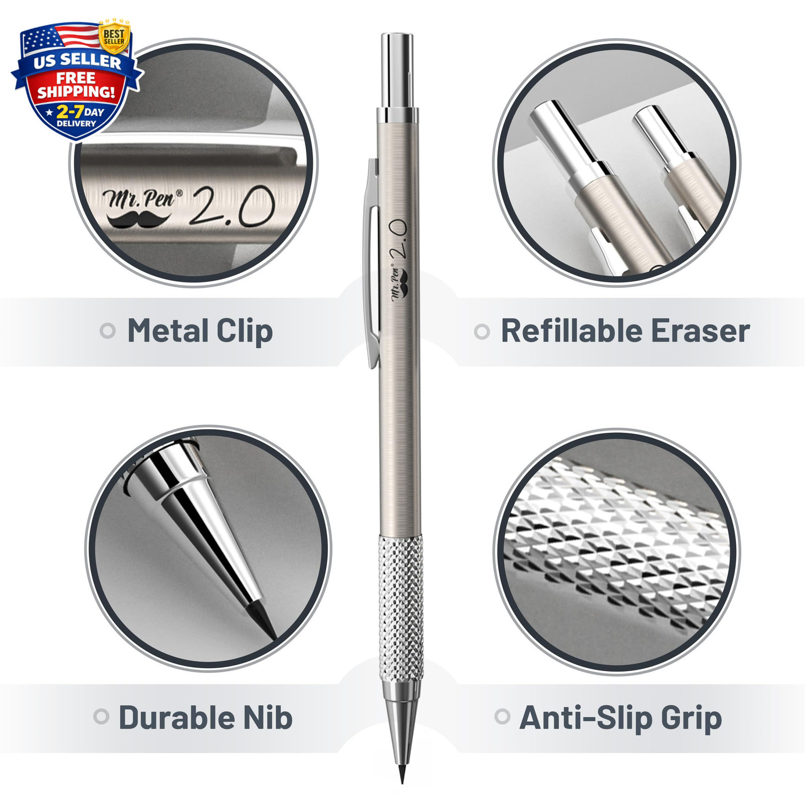 – Metal Mechanical Pencil Set with Lead and Eraser Refills, 5 Sizes, 0.3, 0.5, 0