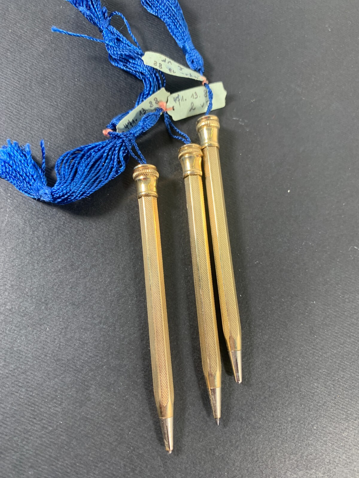 3x Art Deco Rolled Gold Propelling Mechanical Pencil Blue tassel