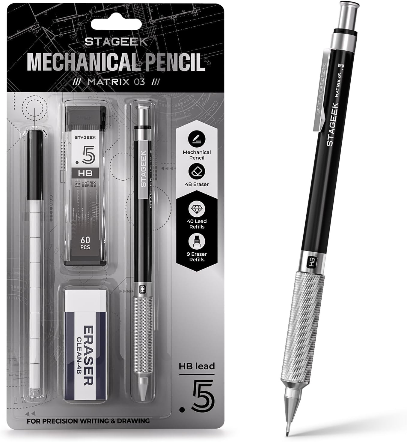 STAGEEK 0.5Mm Mechanical Pencil, Metal Art & Drafting Pencil with Eraser and 60