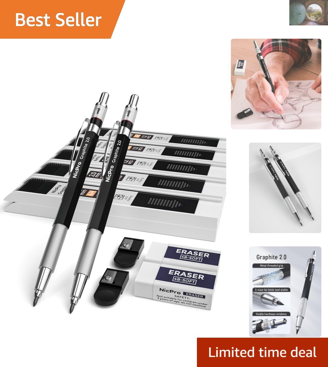 Artisan 2mm Mechanical Pencils Set with 120 Break-Resistant Graphite Refill