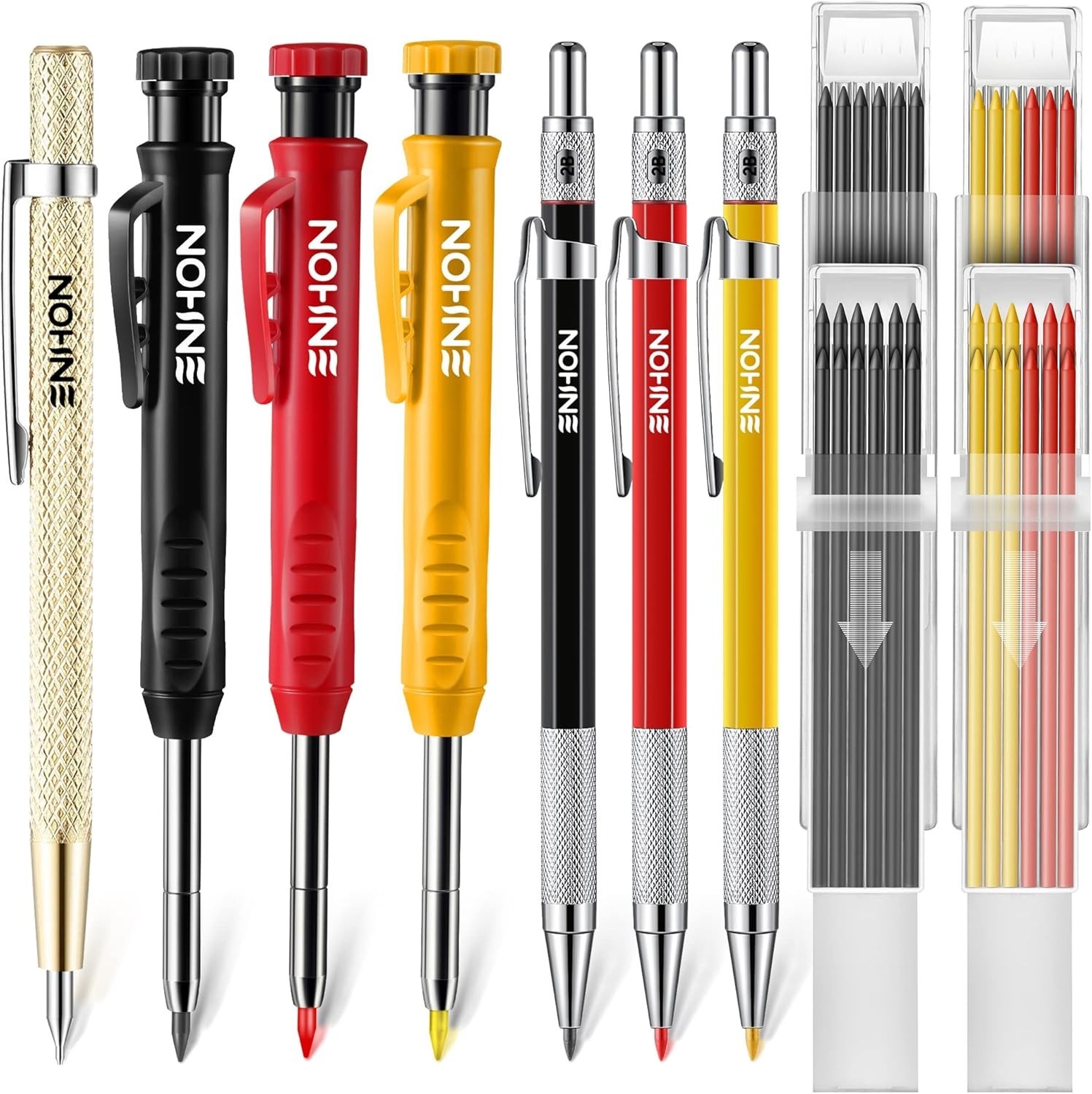 Enhon 6 Pack Carpenter Pencil Ensemble de 43 pièces, Yellow, Red, Black, Gold