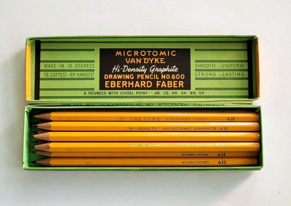 10 Vintage Van Dyke Microtomic Graphite 4H Drawing Pencils Faber #600 & Box USA