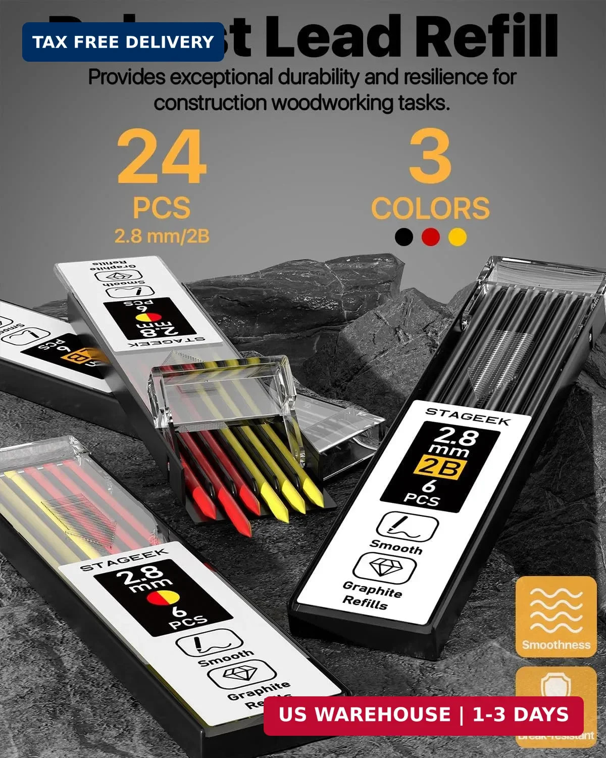 STAGEEK 2.8mm Carpenter Pencils with Sharpener, 2-Pack, Storage Case | 26 Refill
