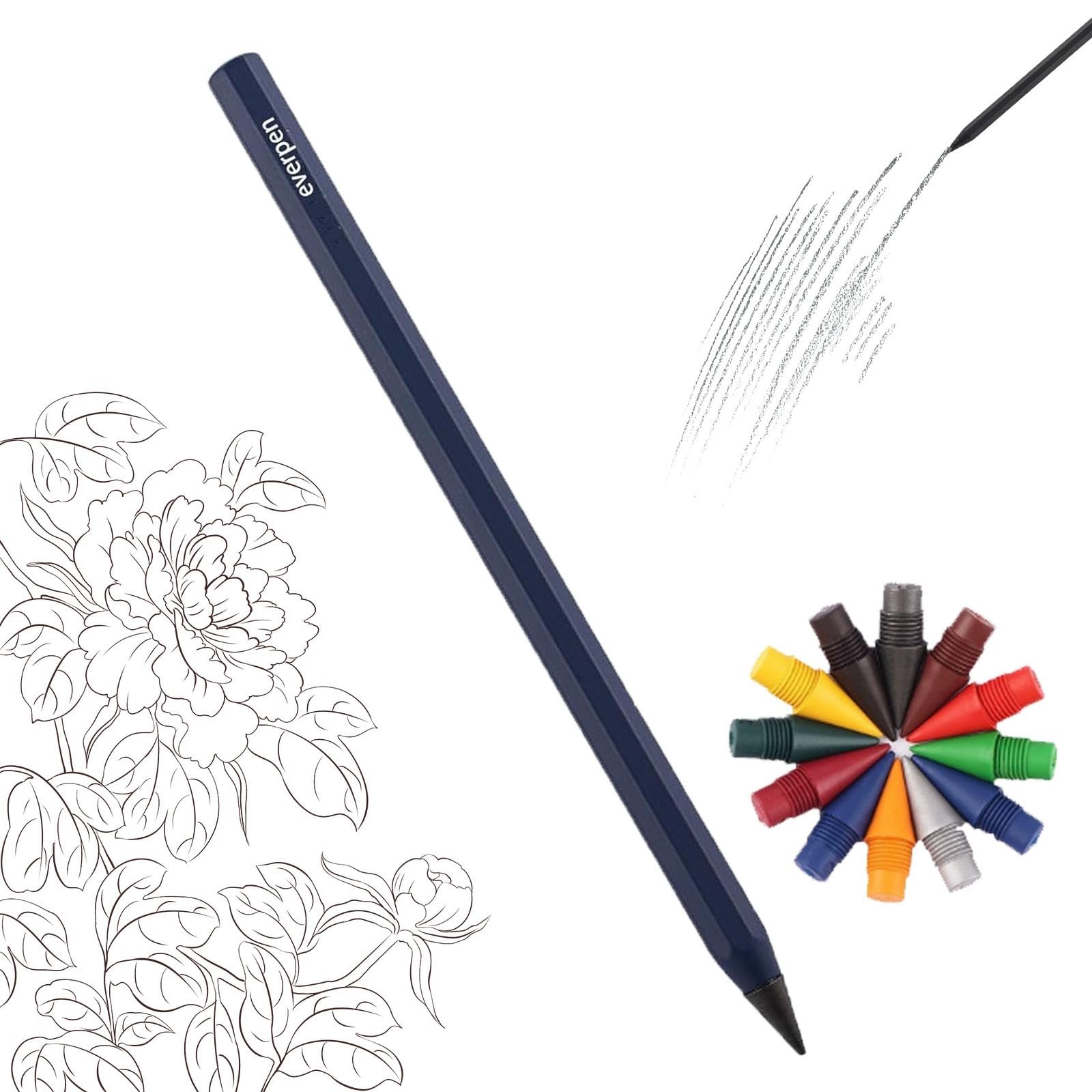 Metal Alloy Forever Pencil with 12 Colored Refill Tips – No Sharpening, Ideal fo