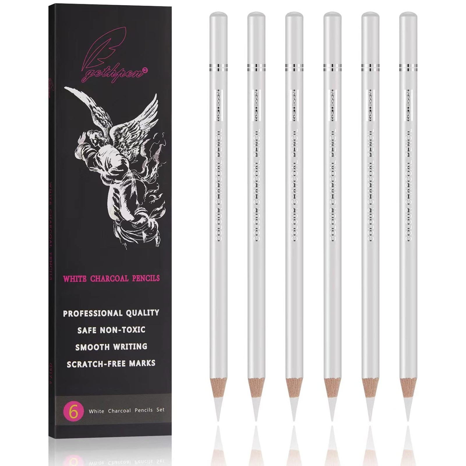 GETHPEN Professional White Charcoal Pencils Set – 6 Count (Pack of 1),