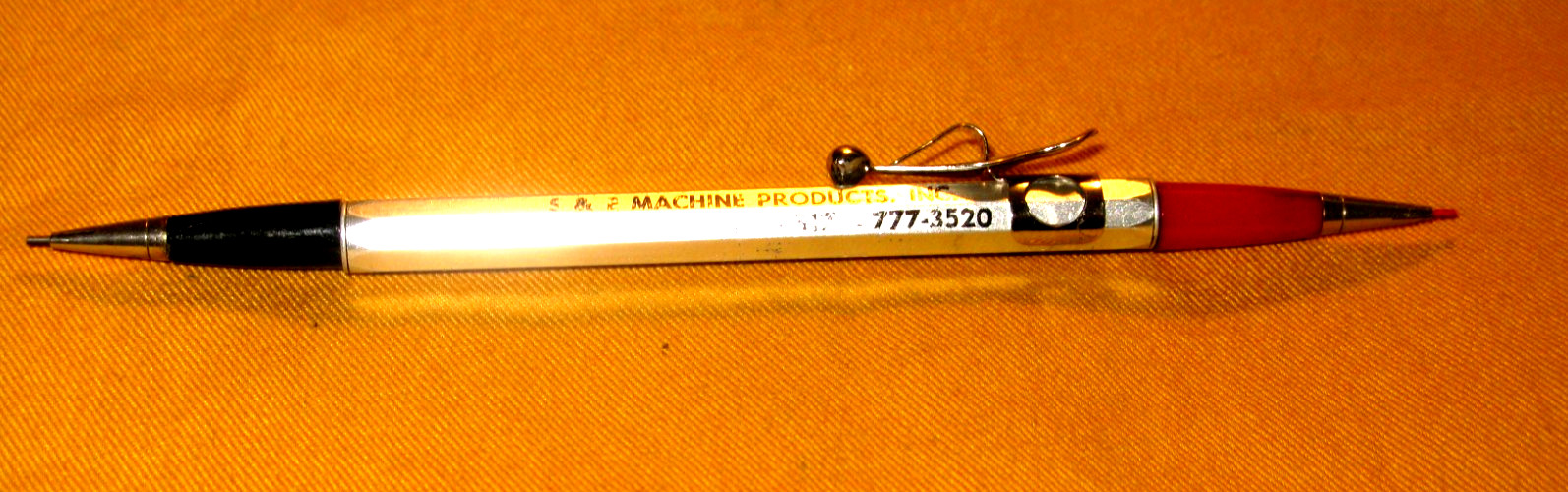 VINTAGE 6″ LONG DOUBLE END MECHANICAL METAL RED/BLACK PENCIL W/MACHINE ADV.
