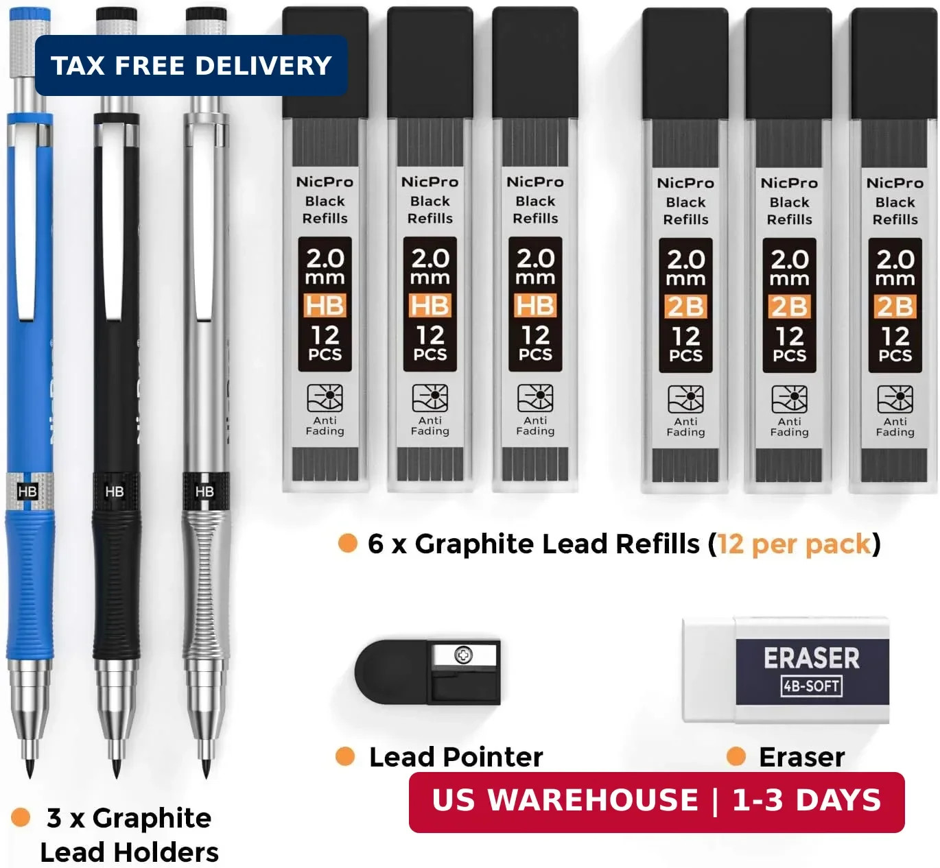 Nicpro 11 Pieces 2mm Mechanical Pencil Set, 3 PCS Carpenter Drafting Pencil 2.0