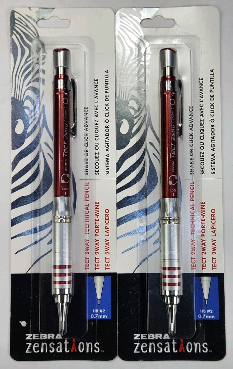 Lot of 2 Zebra TECT 2WAY TECHNICAL PENCIL Mechanical 0.7 mm New RED / SILVER