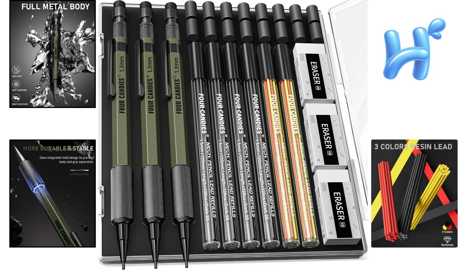 1.3mm Metal Mechanical Pencil Set with 72 Lead Refills for Outdoor Work