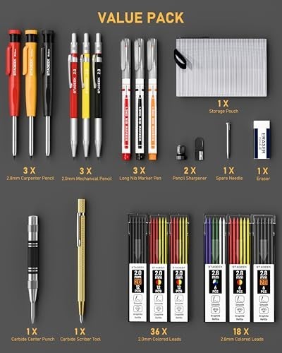 22-Pack Mechanical Carpenter Pencil Set with Sharpener, 60 Refills, Heavy Duty T