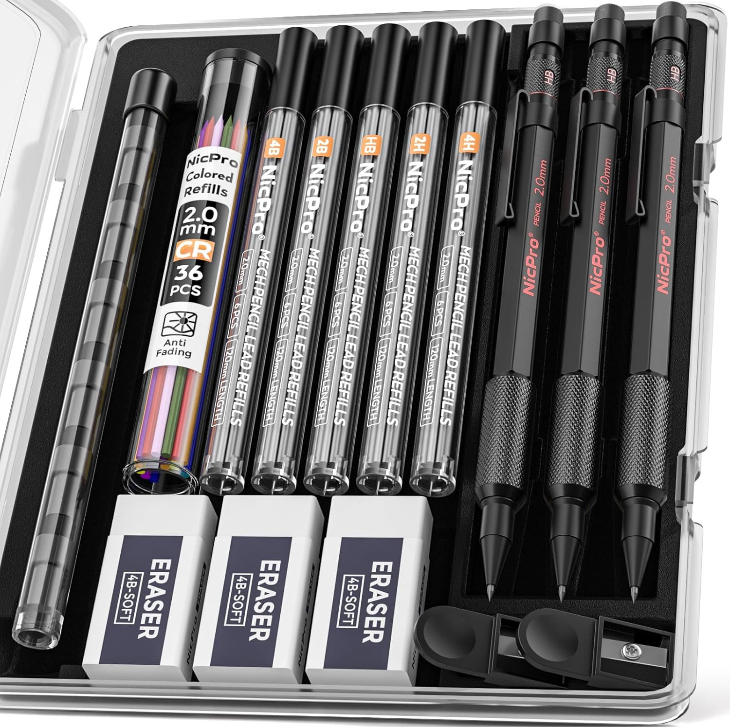 3 Pack 2Mm Mechanical Pencils Set with Case, 33 Graphite Lead Refills (4B 2B HB
