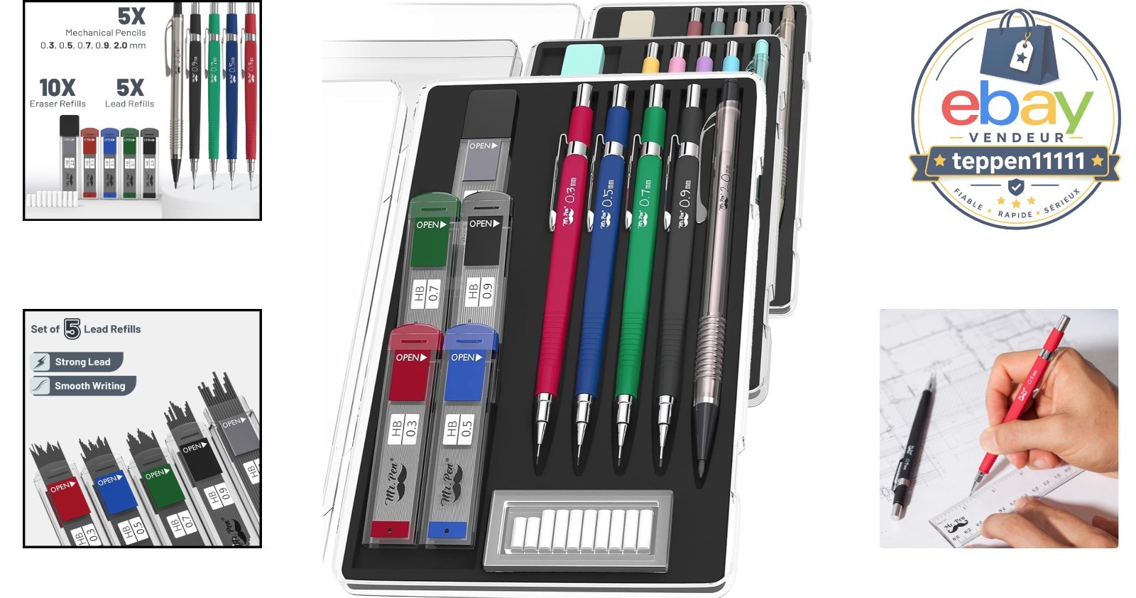 Mechanical Pencil Set 5 Pencils 0.3 0.5 0.7 0.9 2.0mm HB Lead Refills