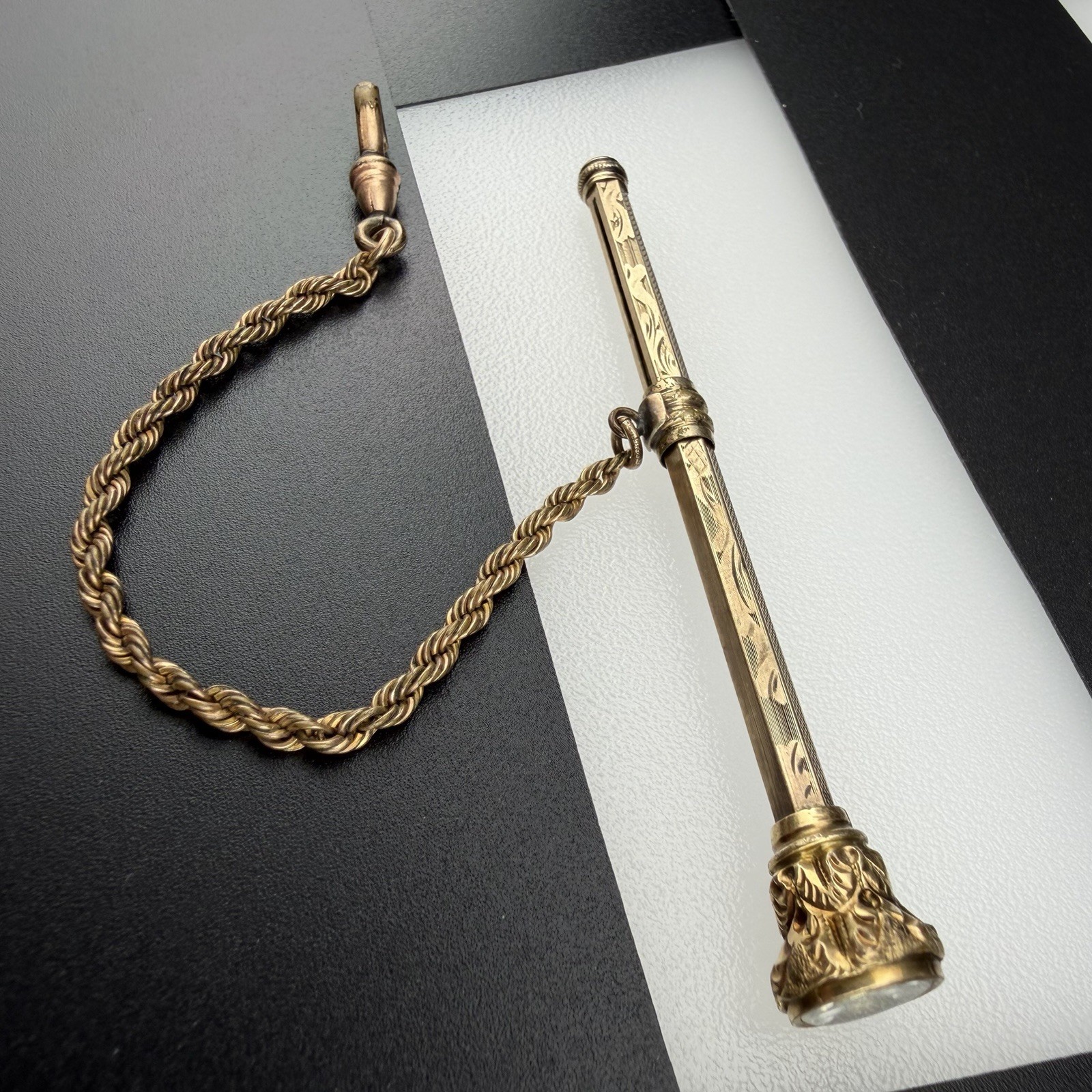 Victorian Gold Filled 3 7/8″ Telescoping Pencil Watch Fob w/ Chain & White Stone