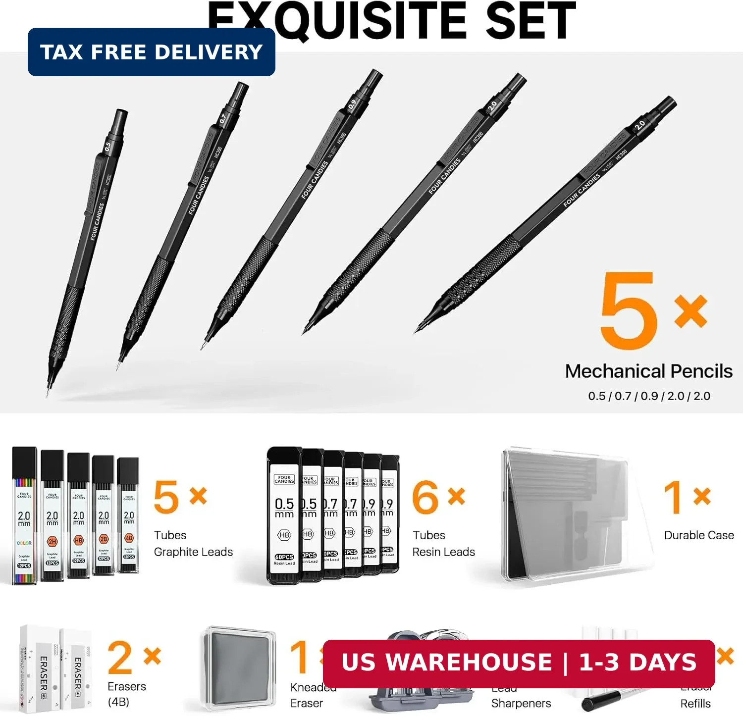 Four Candies Metal Mechanical Pencil Set, 3PCS Art Drafting Pencils 0.5, 0.7, 0.