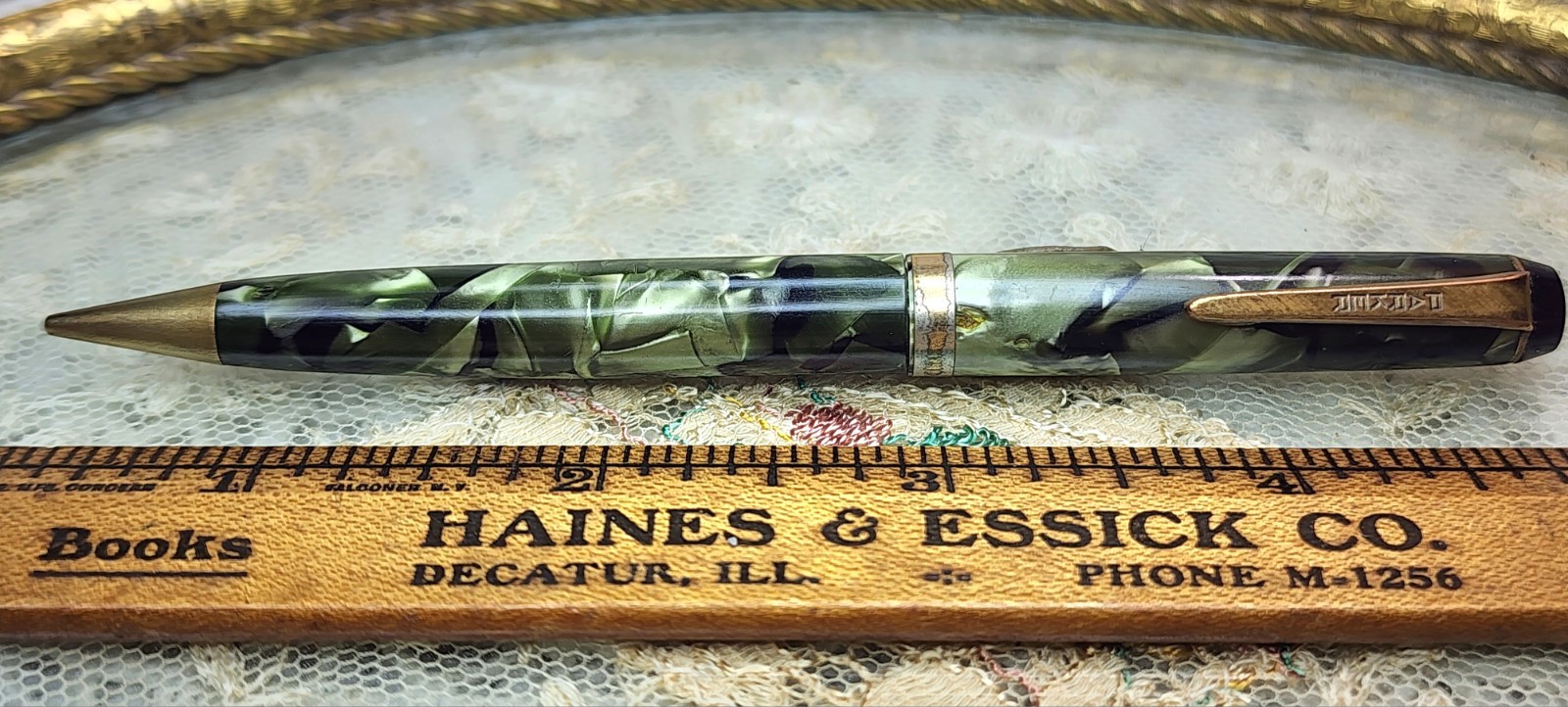 VTG Parker Challenger Pencil== Green Marbled Advertisng Tallman Cadilac Decatur