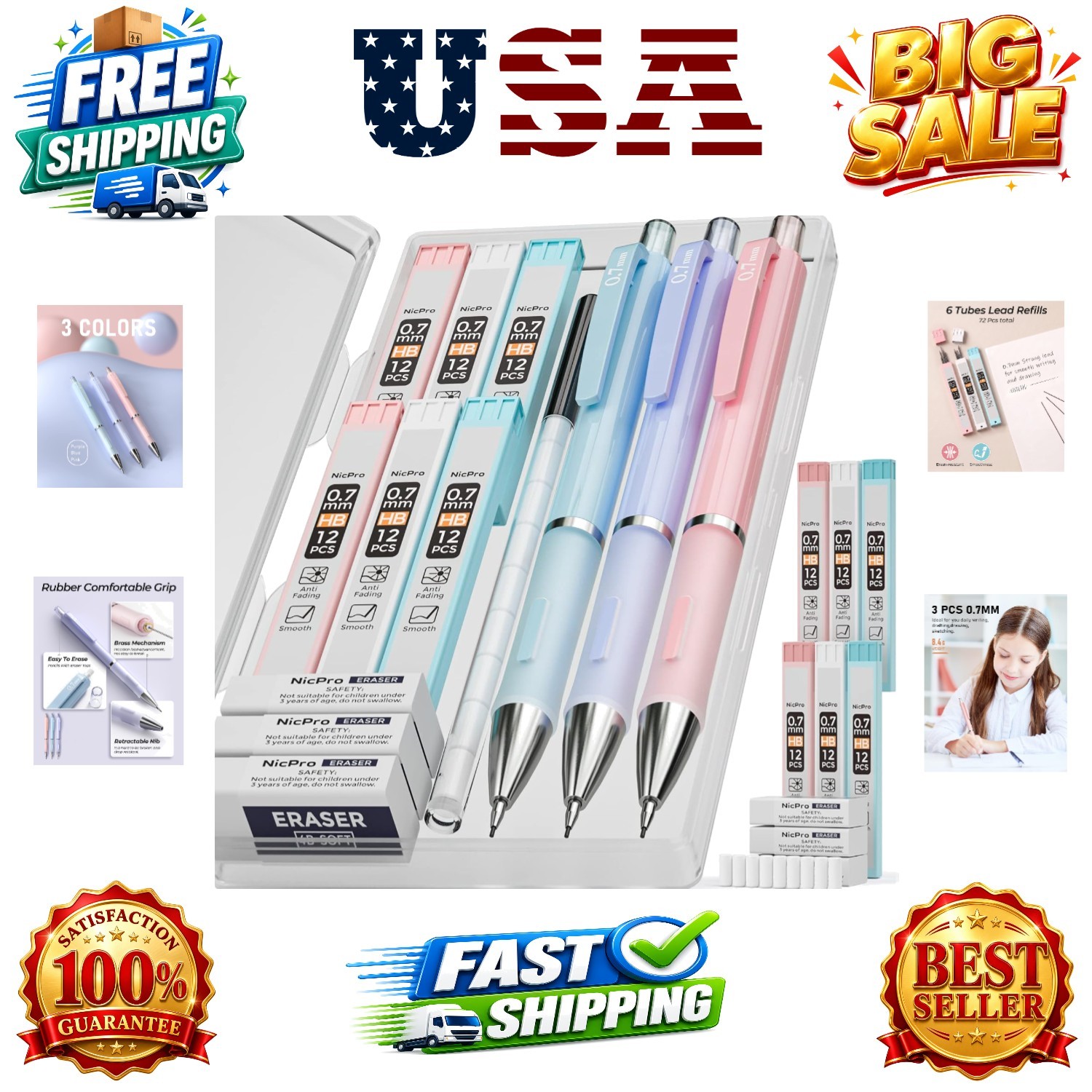 3PCS Cute Mechanical Pencil Set with Case, 0.7 mm Pencils with 6 Tube HB Lead…