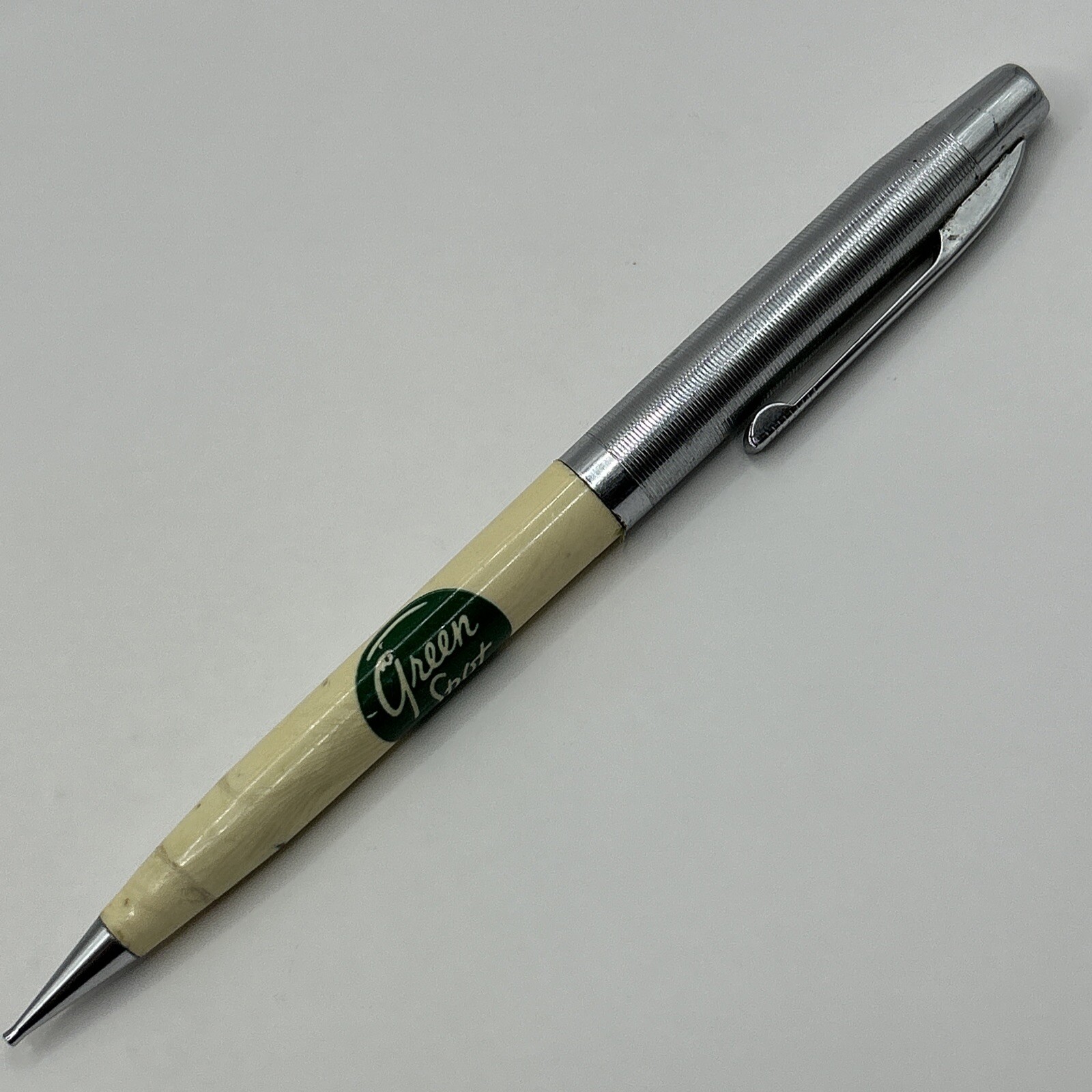 VTG Scripto Mechanical Pencil GREEN SPOT FRUIT DRINKS *For Repair*