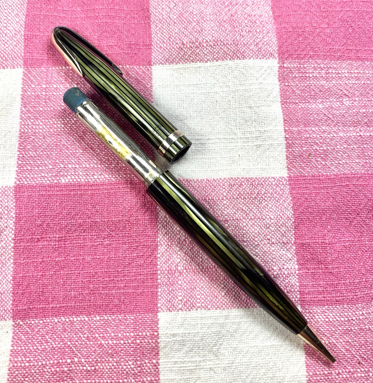 Sheaffer Balance Green Striated & Gold Military Clip Pencil Good Working