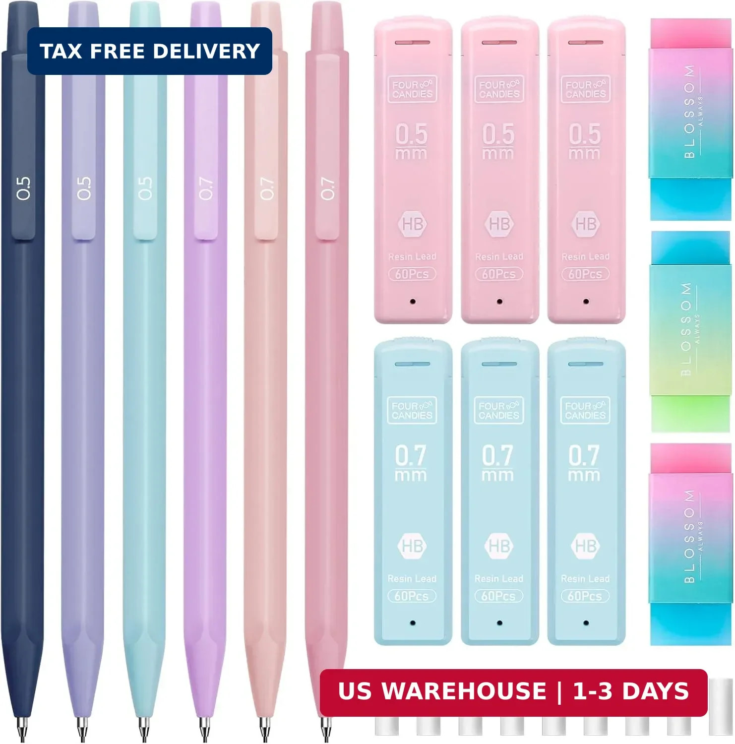 Four Candies Cute Mechanical Pencil Set, 6PCS Pastel Mechanical Pencils 0.5 & 0.