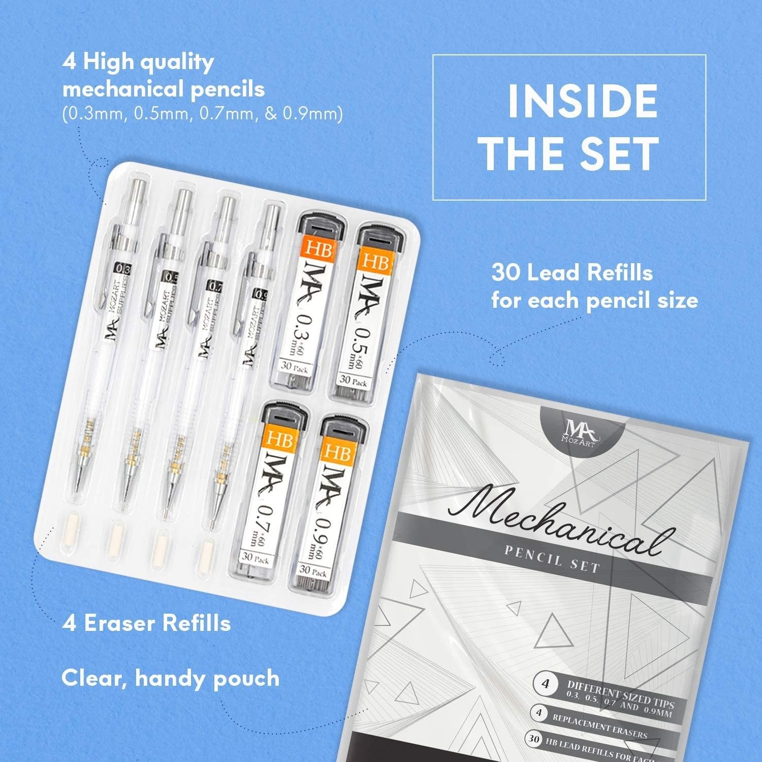 MozArt Mechanical Pencil Set with Case – 4 Sizes: 1 Count (Pack of 1), Clear