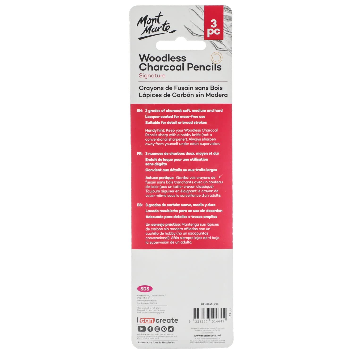 Mont Marte Woodless Charcoal Pencils, 3 Piece. Features 3 3 Count (Pack of 1)