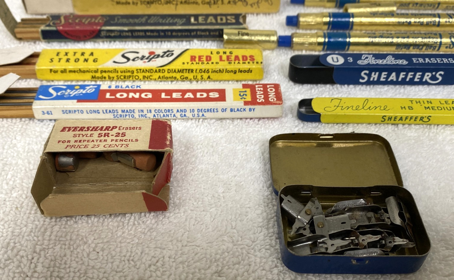 11 Vintage Pencil Leads Erasers Pen Refills Tins Boxes Scripto Sheaffers Cross