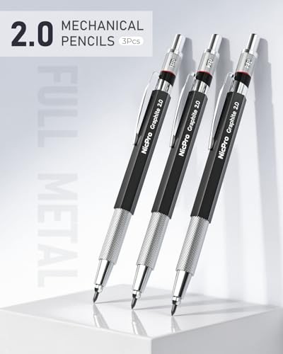2mm Metal Mechanical Pencil Set with Case, 3PCS Lead Pencil Holder 2.0 3 Pack