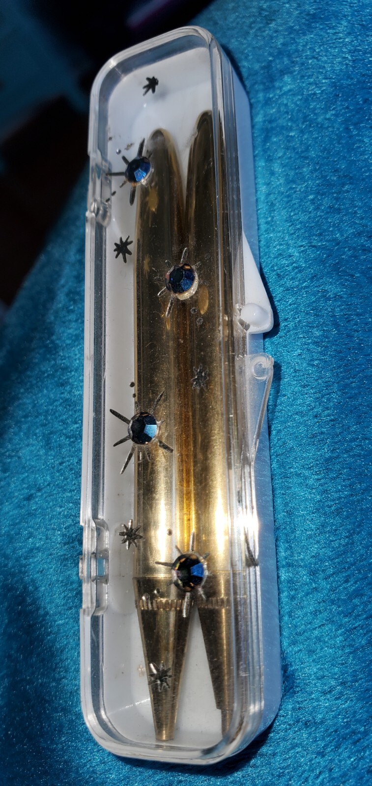 Vintage Goldtone Gold Pen Pencil Set with Blue Rhinestone Case Small 3″ MCM