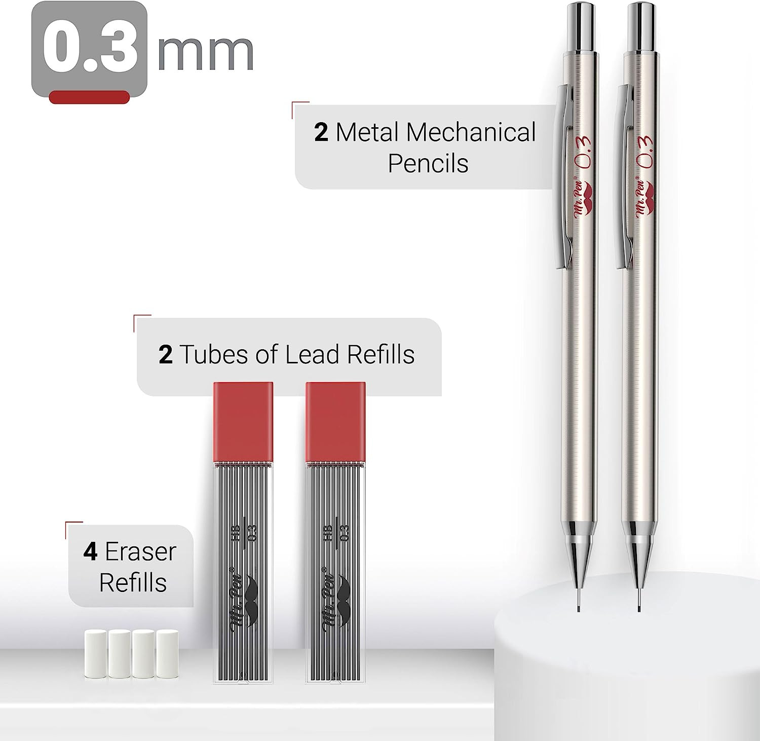 Mr. Pen Silver Metal Mechanical Pencils, 0.3Mm, 2 Pack