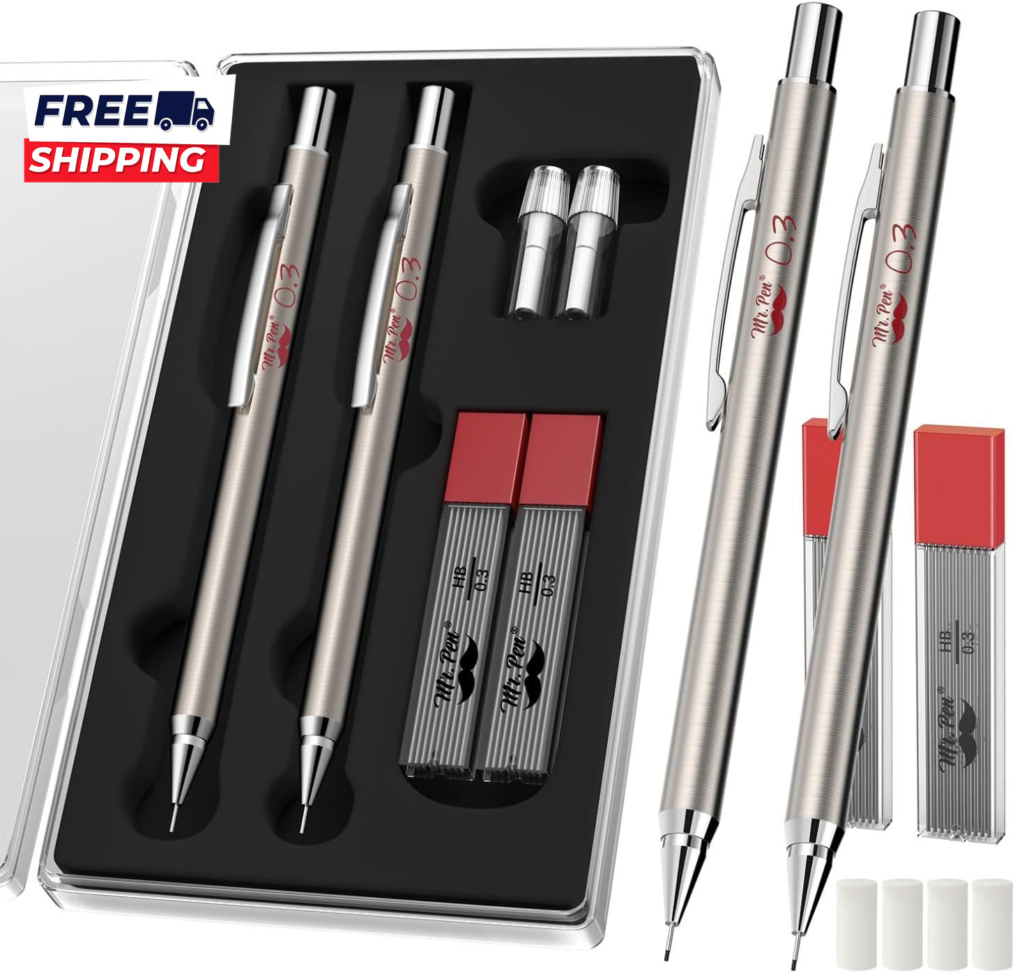 Metal Mechanical Pencils 0.3Mm 2 Pack Pencil Mechanical Lead Pencil Metal