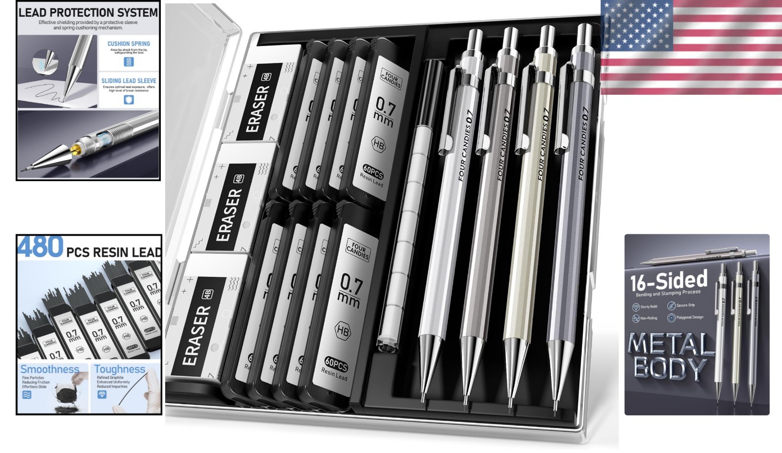 All-in-One 4PCS Metal Mechanical Pencils with 480 Leads & Organizer Case