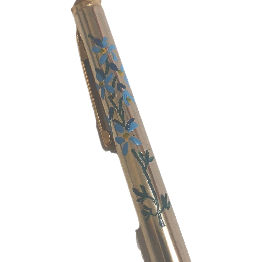 Vtg Pencil Glass Ruby Birthstone Mechanical 3¾” Hand Painted Floral by Mascot