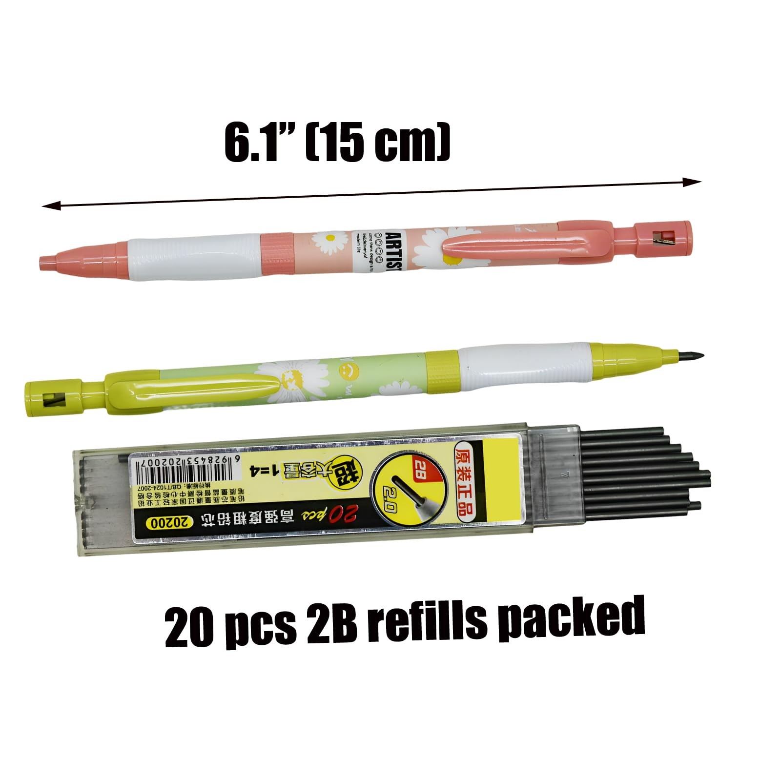 12 Pcs 2.0 mm Mechanical Pencils Thick 2B Pencils Daisy Pencils With 20 pcs R…