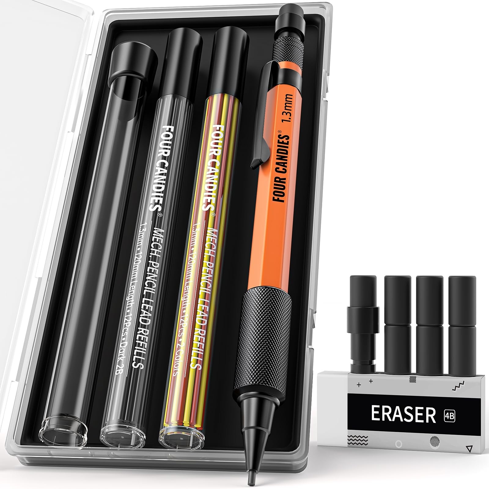 Four Candies 1.3mm Mechanical Pencil Set with 24 1-Pack, Black, Red, Yellow