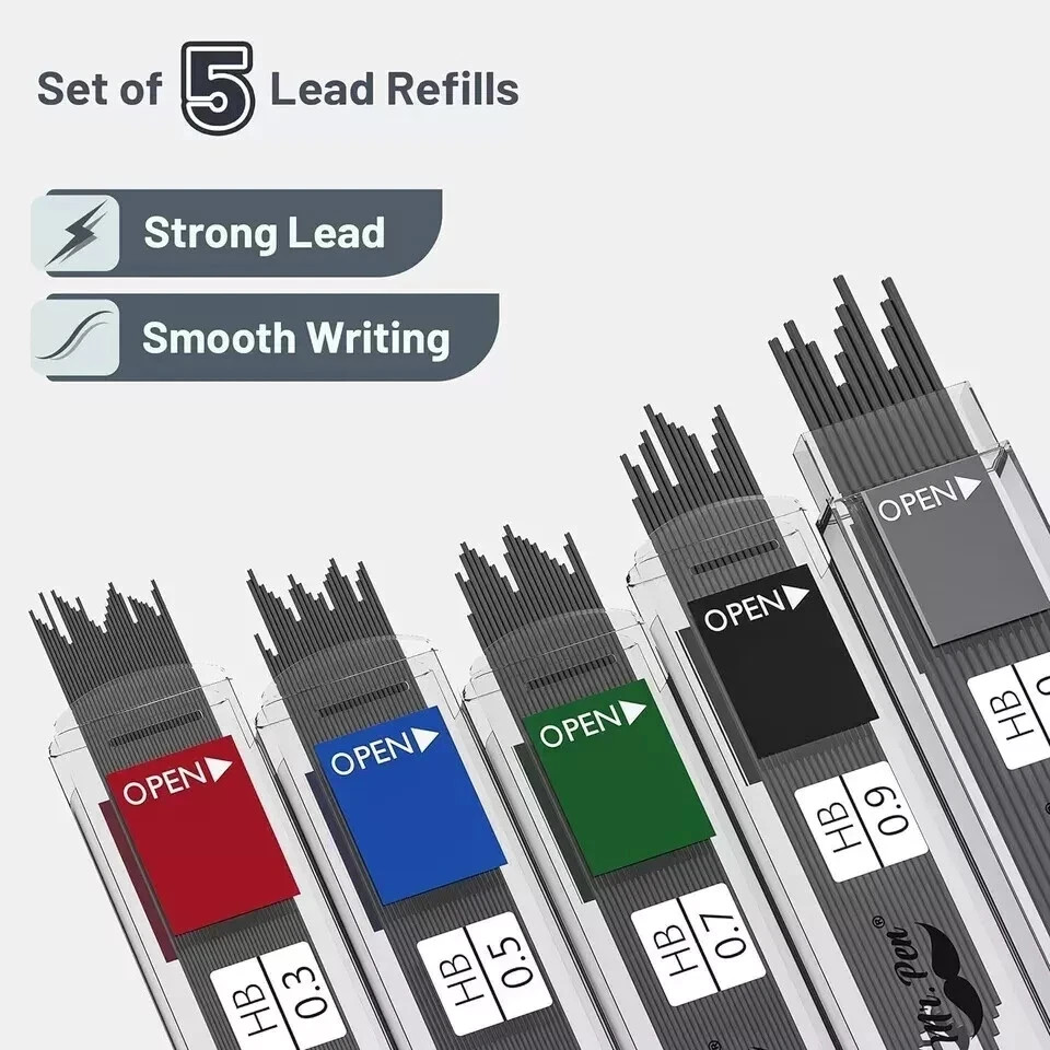 Mechanical Pencil Set with Lead and Eraser Refills, 5 Sizes – 0.3, 0.5, 0.7, 0.9