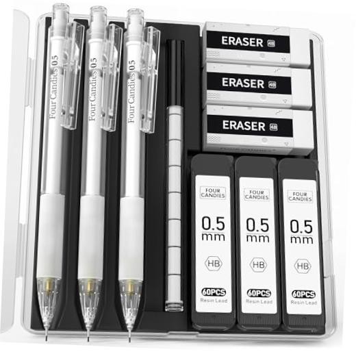 Cute Mechanical Pencil Set with Case – 3PCS Pencils 0.5mm with White-0.5MM